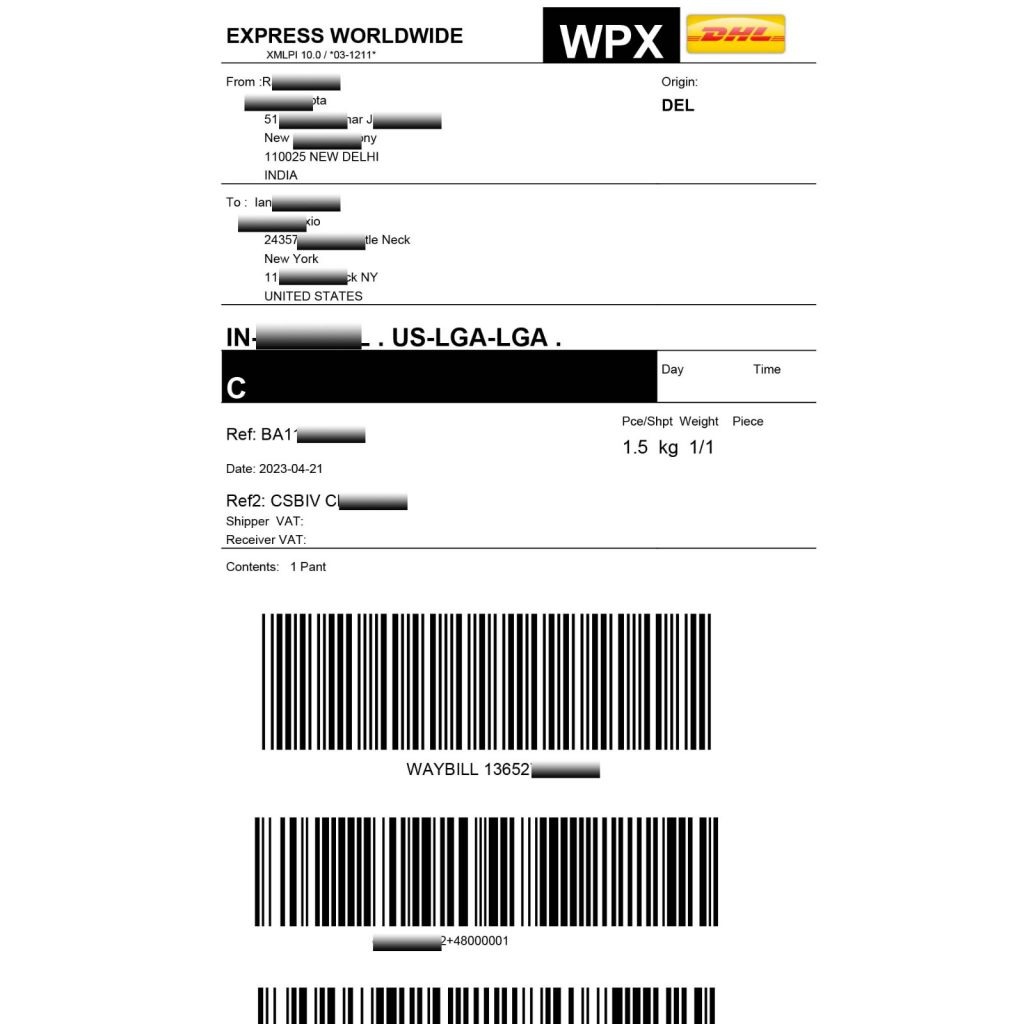 Sample of a shipping label 
